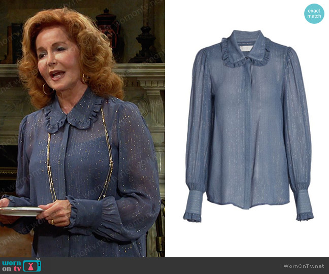 7 For All Mankind Metallic Stripe Ruffle Collar Shirt worn by Maggie Horton (Suzanne Rogers) on Days of our Lives