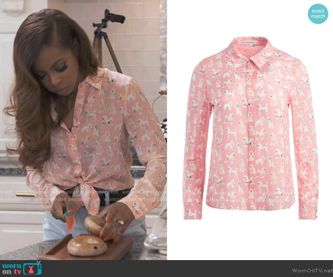 Alice + Olivia Willa poodle-print silk shirt worn by Candiace Dillard Bassett on The Real Housewives of Potomac