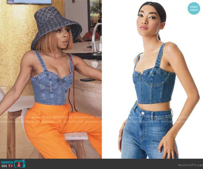 Alice + Olivia Jeanna Denim Bustier Crop Top worn by Candiace Dillard Bassett on The Real Housewives of Potomac