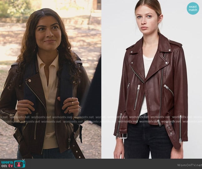 All Saints Balfern Leather Moto Biker Jacket worn by Jess Valenzuela (Lisette Olivera) on National Treasure: Edge of History