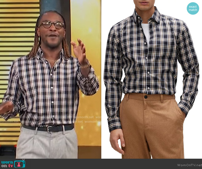 BOSS Hal Kent Check Regular Fit Button Down Shirt worn by Scott Evans on Access Hollywood