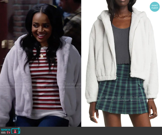 BP Hooded Faux Fur Jacket in Fog worn by Randi (Kyla Pratt) on Call Me Kat