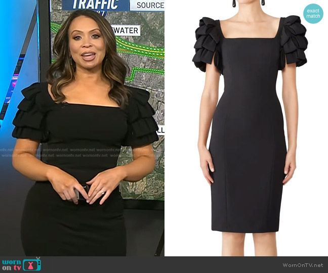 Badgley Mischka Ruffle Shoulder Sheath Dress worn by Adelle Caballero on Today