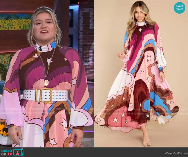 Aura Can You Imagine Berry Multi Print Maxi Dress worn by Kelly Clarkson on Access Hollywood