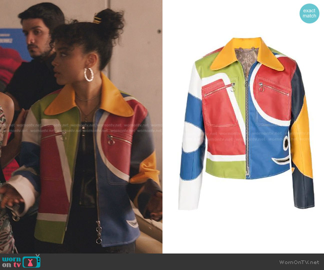 Charles Jeffrey Loverboy Patchwork Faux-Leather Jacket worn by Zoya Lott (Whitney Peak) on Gossip Girl