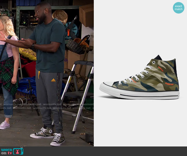 Converse Chuck Taylor 70 High Top Sneakers in  Olive/Orange Camo worn by Malcom (Sheaun McKinney) on The Neighborhood