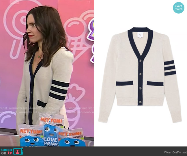 G. Label DiMatteo Puff-Sleeve Varsity Cardigan worn by Rachel Krupa on Today
