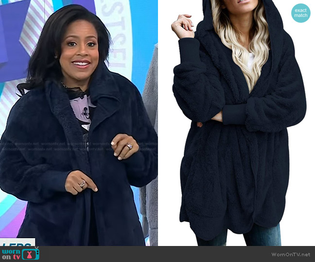 Dokotoo Fuzzy Fleece Hooded Cardigan Jacket worn by Sheinelle Jones on Today