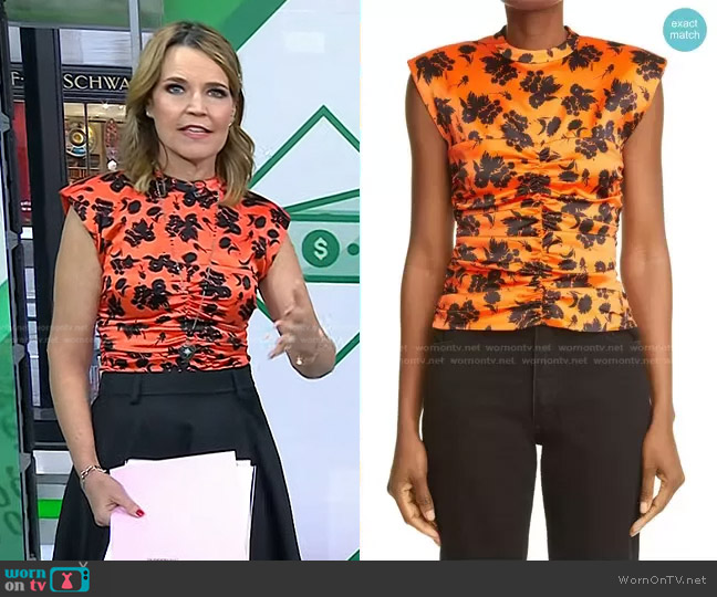 Ganni Floral Print Ruched Stretch Silk Satin Sleeveless Top worn by Savannah Guthrie on Today