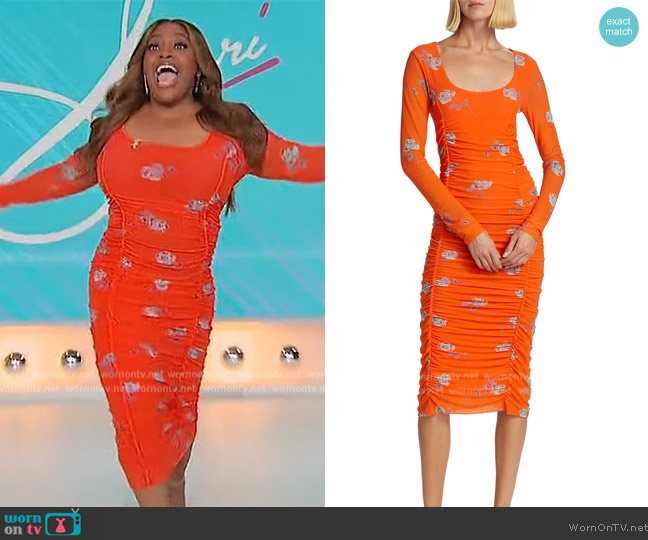 Ganni Ruched Floral Midi-Dress worn by Sherri Shepherd on Sherri