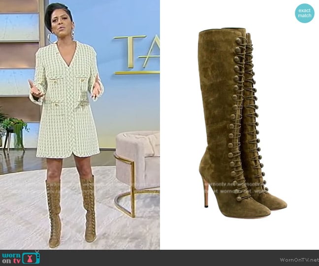 Gianvito Rossi Olive Green Suede Knee-High Boots worn by Tamron Hall on Tamron Hall Show