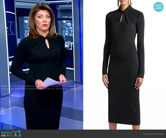 Giorgio Armani Twisted Keyhole Neckline Midi Jersey Dress worn by Norah O'Donnell on CBS Evening News