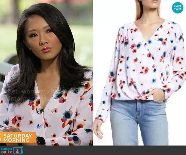 Halogen Cross Front Blouse in White Multi Floral Paint worn by Nancy Chen on CBS Mornings
