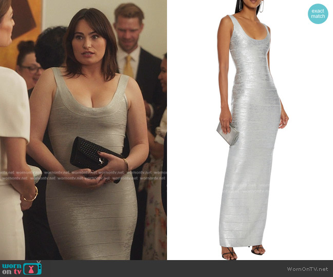 Herve Leger Metallic Coated Bandage Gown worn by Heidi Bergmann (Kathryn Gallagher) on Gossip Girl