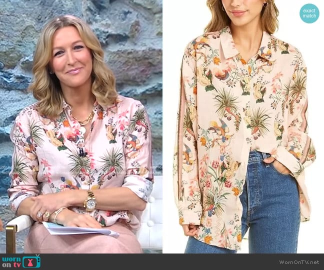 Johnny Was Dropped-Shoulder Floral Blouse worn by Lara Spencer on Good Morning America
