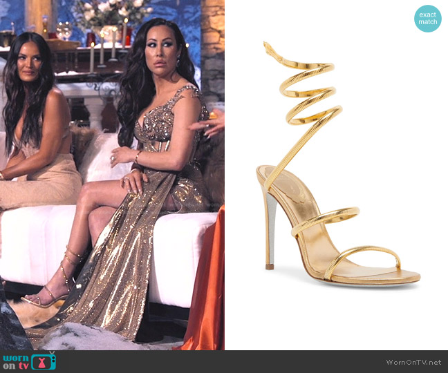 Rene Caovilla Leather & Copper Snake Strap Sandals worn by Angie Katsanevas on The Real Housewives of Salt Lake City