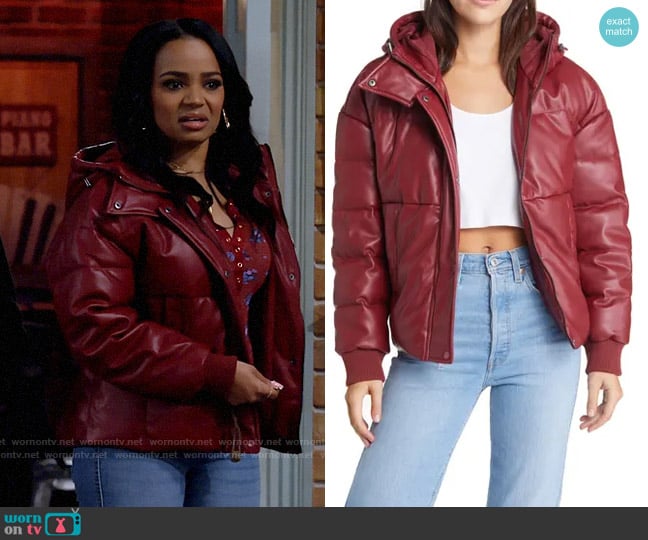 Levis Water Resistant Faux Leather Puffer Jacket in Red worn by Randi (Kyla Pratt) on Call Me Kat