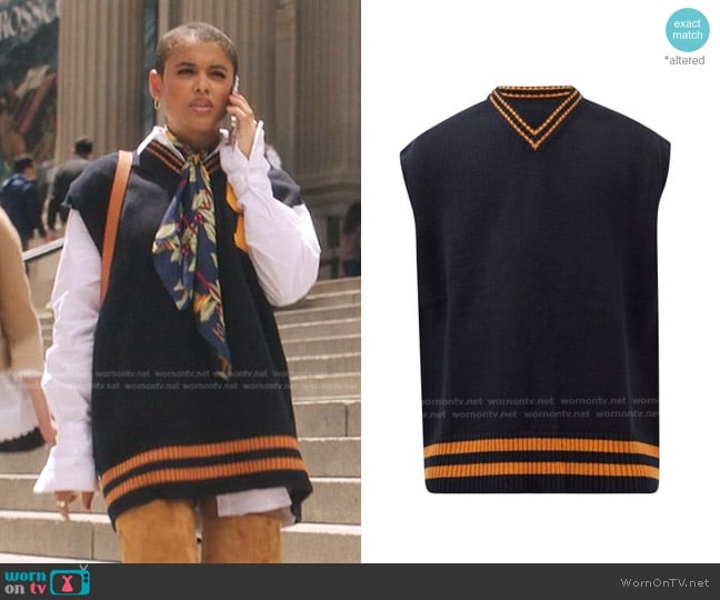 Maison Margiela V-neck Wool Sweater Vest in Navy worn by Julien Calloway (Jordan Alexander) on Gossip Girl