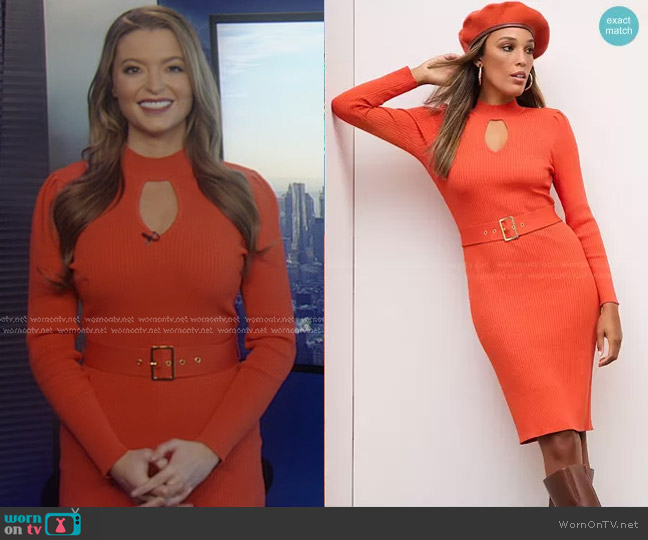 New York & Company Keyhole Cut-Out Ribbed Sweater Dress in Burnt Orange worn by Dani Beckstrom on Good Morning America
