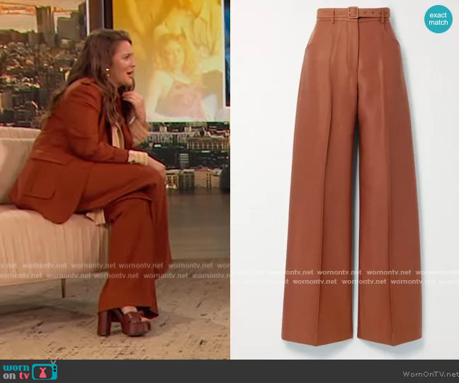 Gabriela Hearst Norman belted wool and silk-blend twill wide-leg pants worn by Drew Barrymore on The Drew Barrymore Show