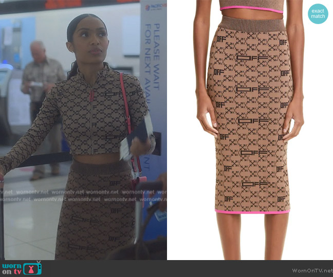 Off-White Monogram Arrow Jacquard Midi Skirt worn by Zoey Johnson (Yara Shahidi) on Grown-ish