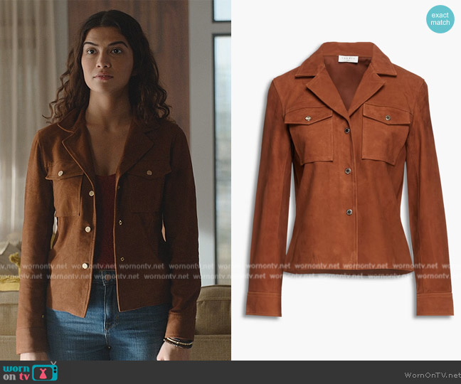 Sandro Goatskin Suede Shirt Jacket worn by Jess Valenzuela (Lisette Olivera) on National Treasure: Edge of History
