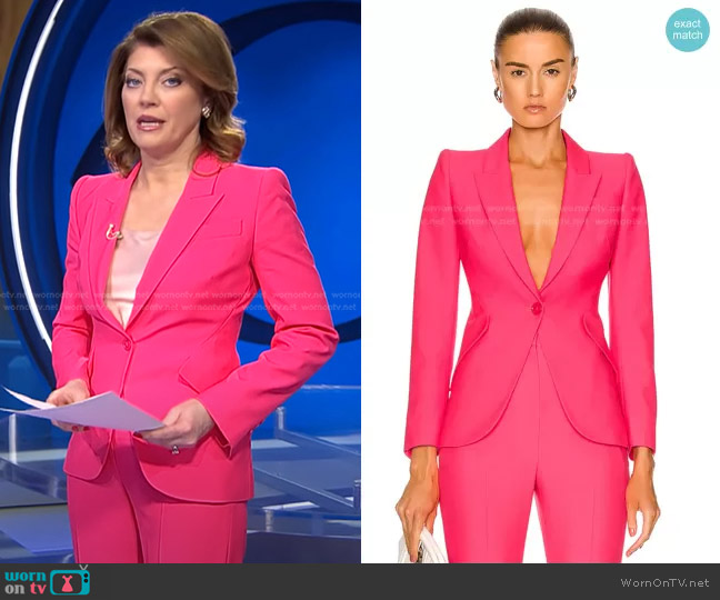 Alexander McQueen Single-Breasted Tailored Blazer Jacket in Neon Pink worn by Norah O'Donnell on CBS Evening News