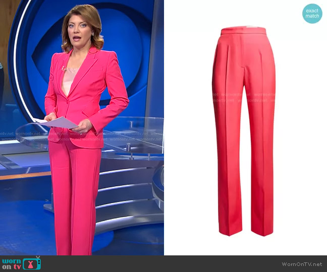 Alexander McQueen Straight-Leg Crepe Trousers in Neon Pink worn by Norah O'Donnell on CBS Evening News