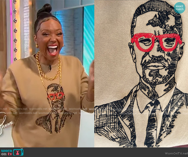 The Small Shop LA Malcom X Embroidered Crewneck Sweatshirt worn by Aisha Tyler on Sherri