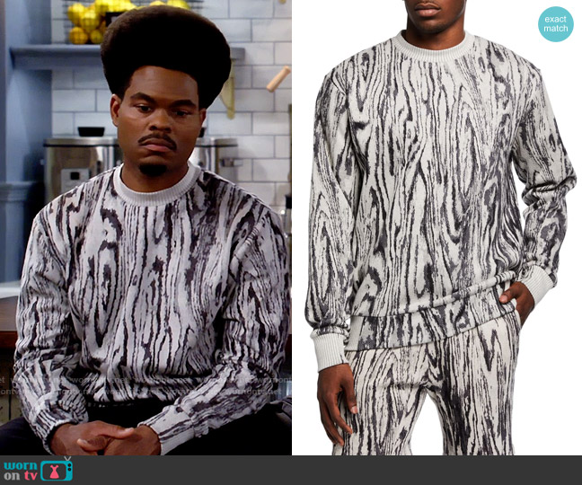TWENTY Montreal Hyper Reality Knit Wood Grain Sweater worn by Carter (Julian Gant) on Call Me Kat