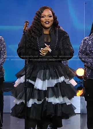 Tasha Cobbs Leonard’s black tiered tulle skirt on Good Morning America