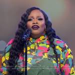 Tasha Cobbs Leonard’s floral top and green overalls on Good Morning America
