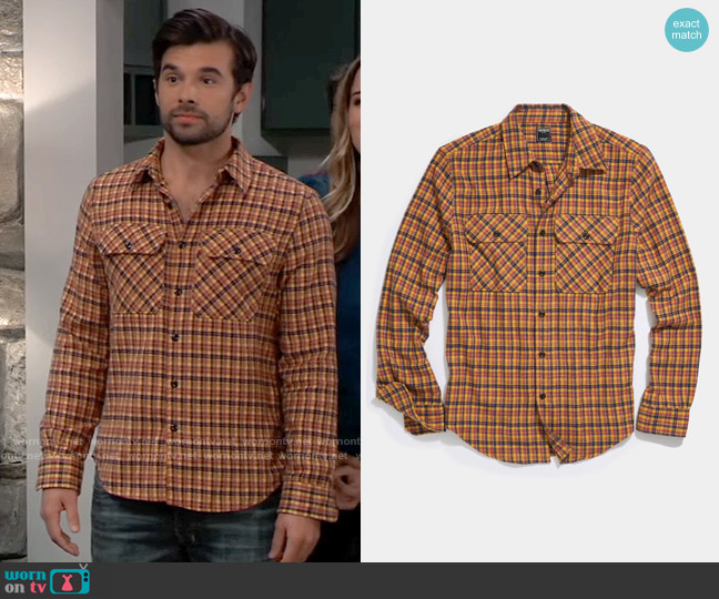 Todd Snyder Alaskan Chamois Shirt in Yellow Multi-Check worn by Harrison Chase (Josh Swickard) on General Hospital