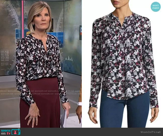 Veronica Beard Goldie Floral Silk Tuxedo Blouse worn by Kate Snow on NBC News Daily
