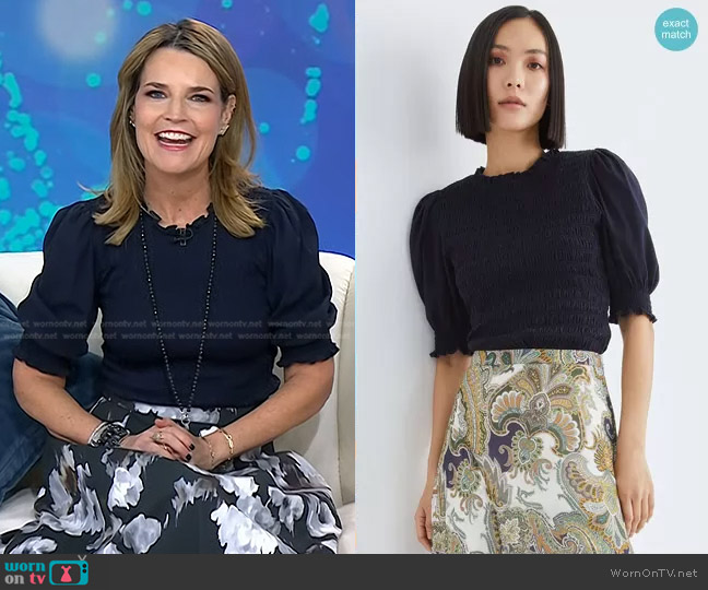 Veronica Beard Langston Smocked Top worn by Savannah Guthrie on Today