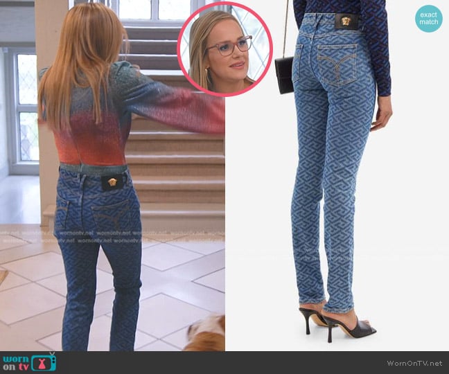 Versace La Greca Monogram Slim Leg Jeans worn by Angie Harrington on The Real Housewives of Salt Lake City