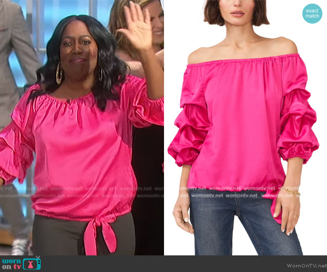 Vince Camuto Off the Shoulder Bubble Sleeve Satin Blouse worn by Sheryl Underwood on The Talk