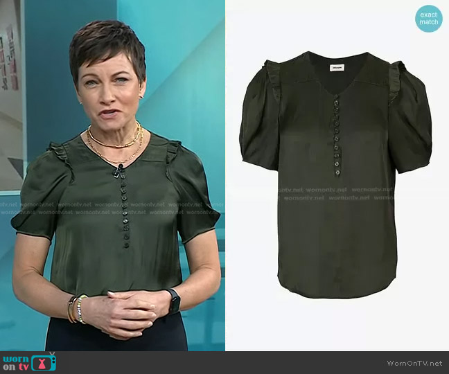 Zadig & Voltaire Twisty Satin Ruffle Top worn by Stephanie Gosk on Today