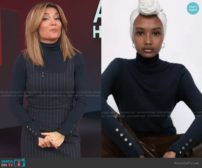 Zara High Collar Knit Sweater in Navy worn by Kit Hoover on Access Hollywood