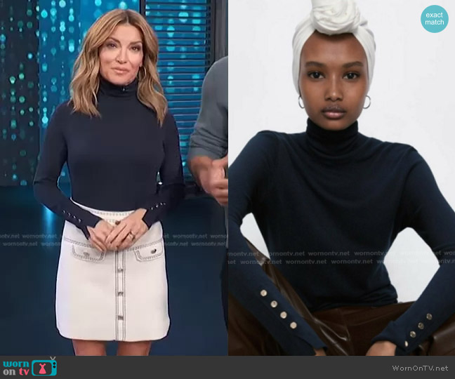 Zara High Collar Knit Sweater in Navy worn by Kit Hoover on Access Hollywood
