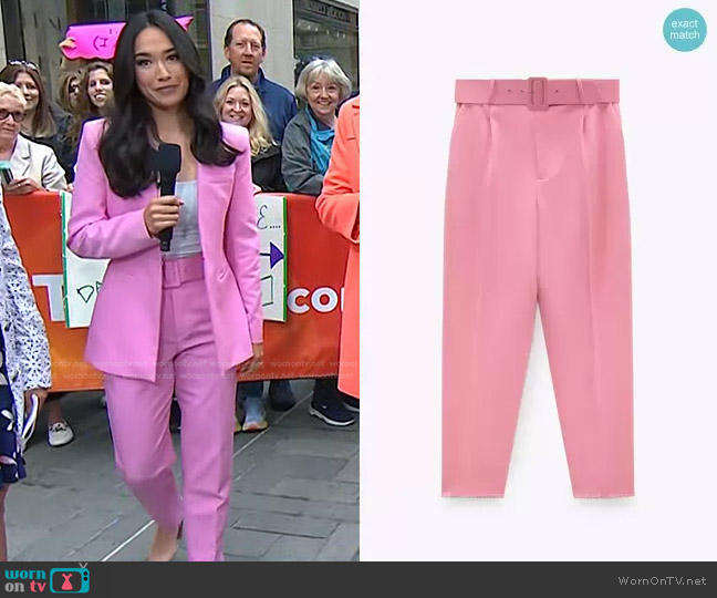 Zara Pants with Fabric-covered Belt in Pink worn by Emilie Ikeda on Today