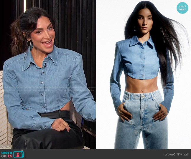 Zara Shoulder Pad Denim Shirt worn by Courtney Mazza Lopez on E! News