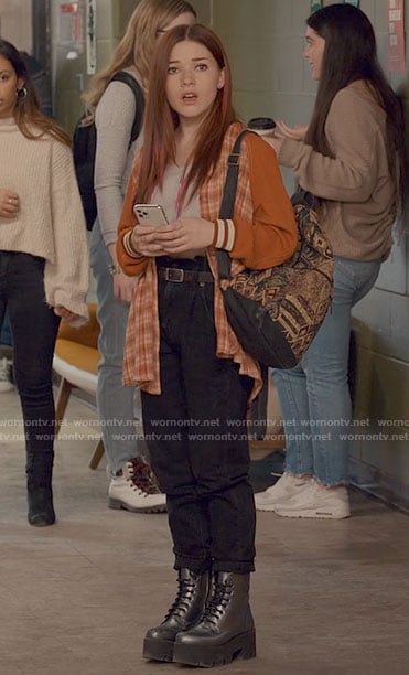 Abby’s orange plaid jacket on Ginny & Georgia
