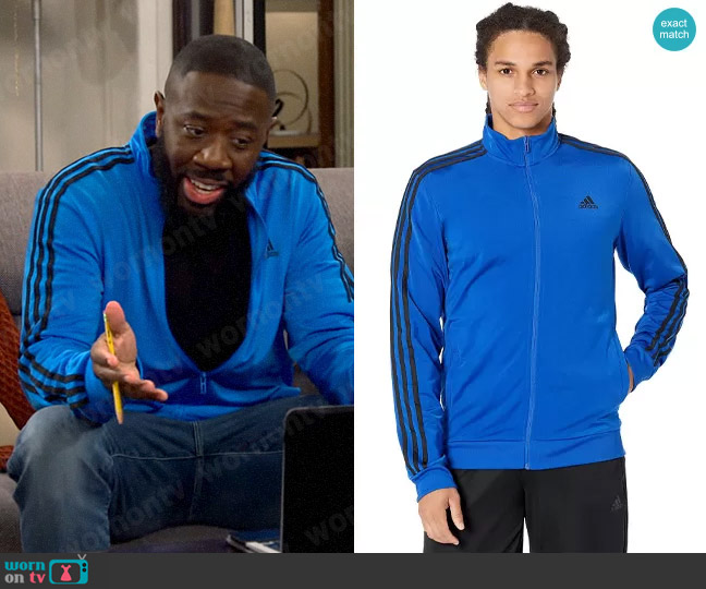 Adidas Essentials 3-Stripes Tricot Track Jacket in Team Royal Blue/Black worn by Malcom (Sheaun McKinney) on The Neighborhood