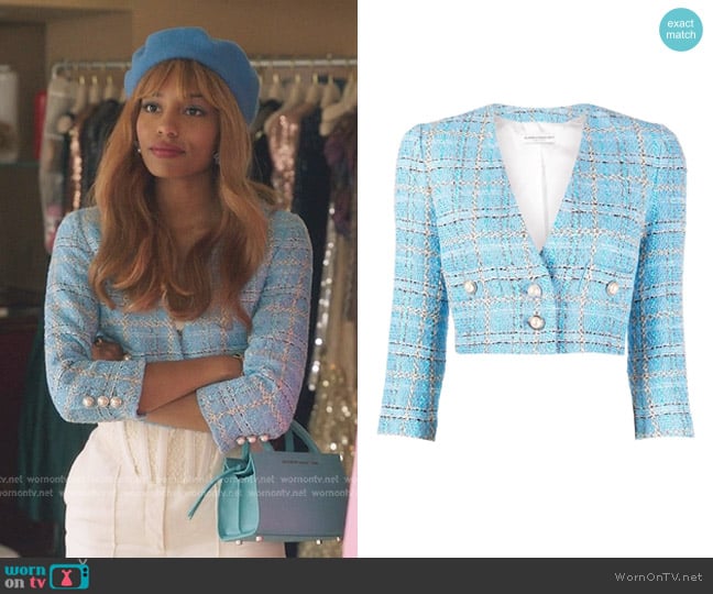 Alessandra Rich Pearl-Embellished Cropped Tweed Jacket worn by Monet de Haan (Savannah Lee Smith) on Gossip Girl