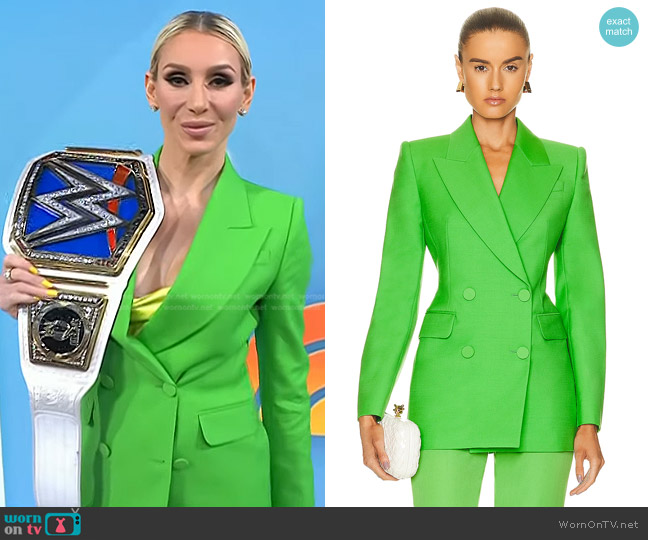 Alexander McQueen Fitted Double Breasted Jacket in Acid Green worn by Charlotte Flair on Today