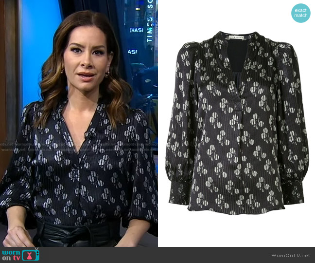 Alice + Olivia Shelia Abstract Floral Blouse in Black Cream worn by Rebecca Jarvis on Good Morning America