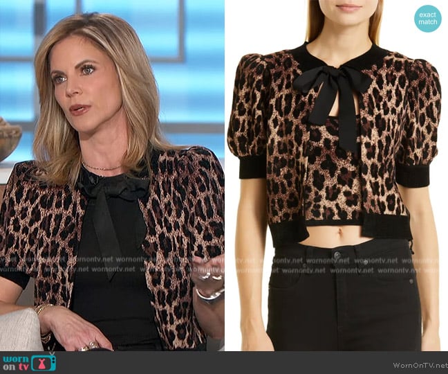Alice + Olivia Kitty Cheetah Puff-Sleeve Cardigan worn by Natalie Morales on The Talk