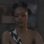 Alicia’s printed one shoulder top on All American
