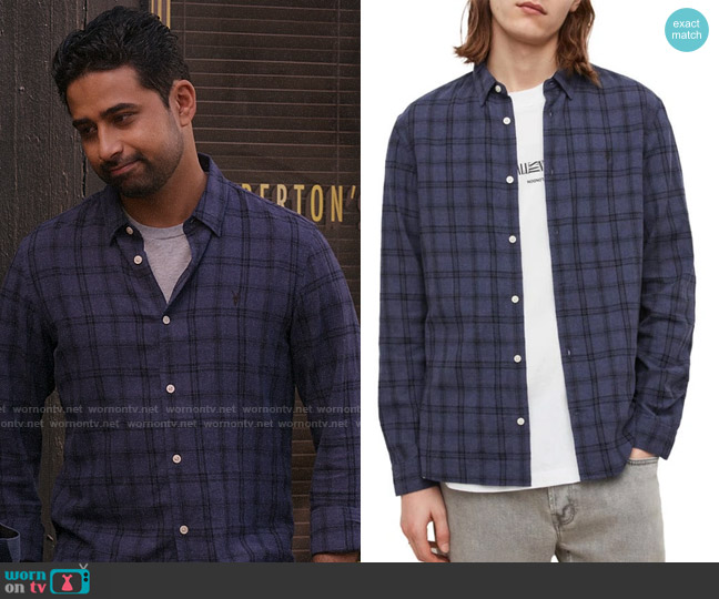 All Saints Coruna Check Shirt in Slate Blue worn by Sid (Suraj Sharma) on How I Met Your Father